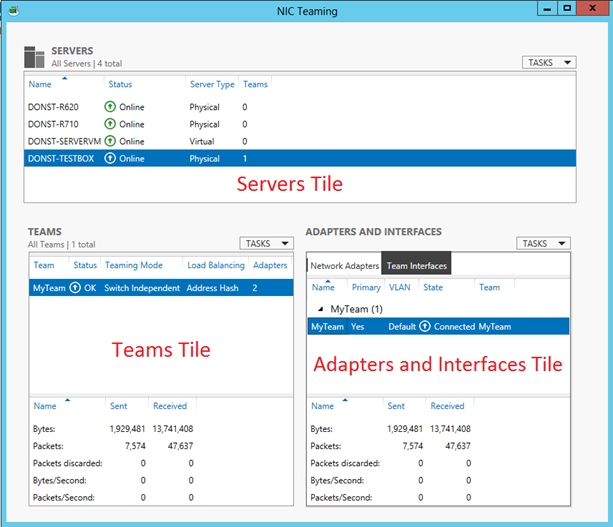The components of the NIC Teaming Management UI