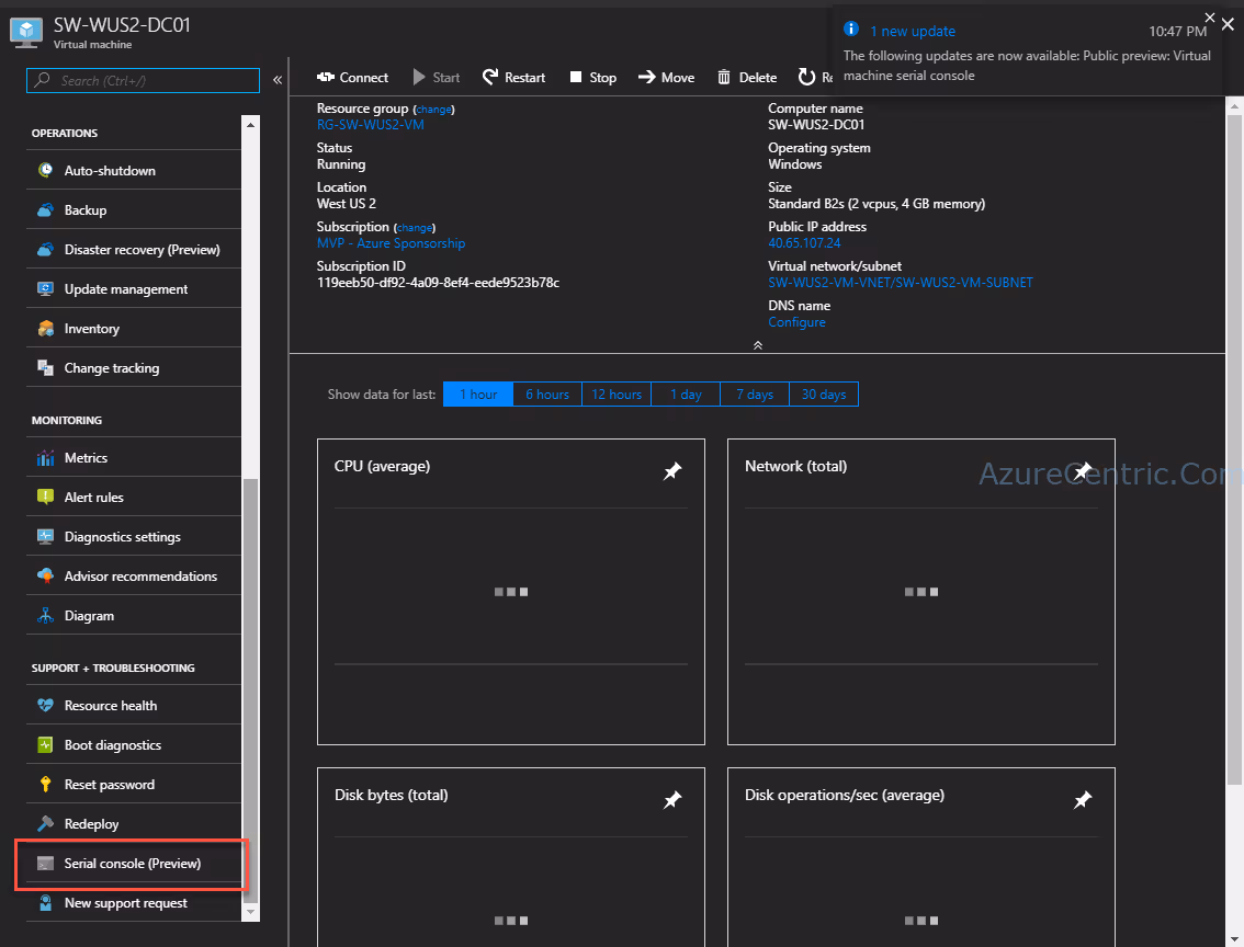Serial Console access on Azure Virtual Machine