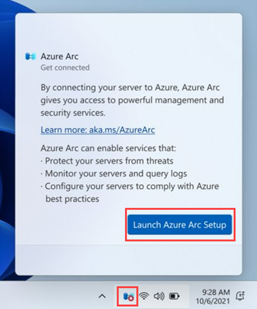 Azure Arc system-tray window with the Launch Azure Arc Setup option.
