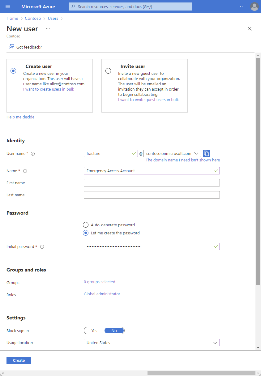 Example user-creation form with an onmicrosoft.com username and Global Administrator role