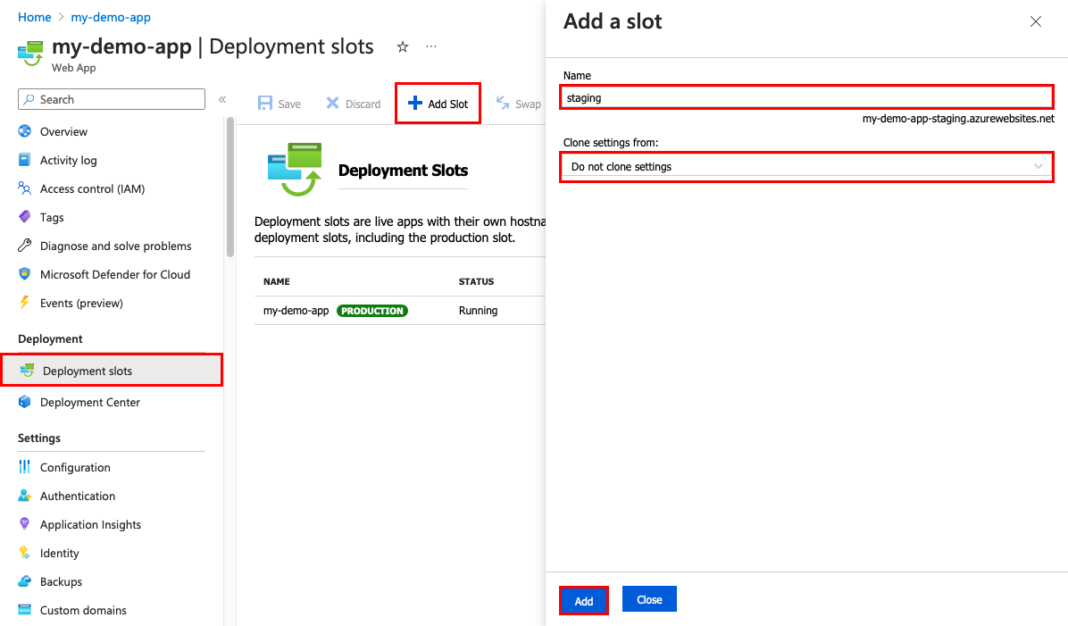 App Service Add a slot form showing the staging name and configuration-cloning choice