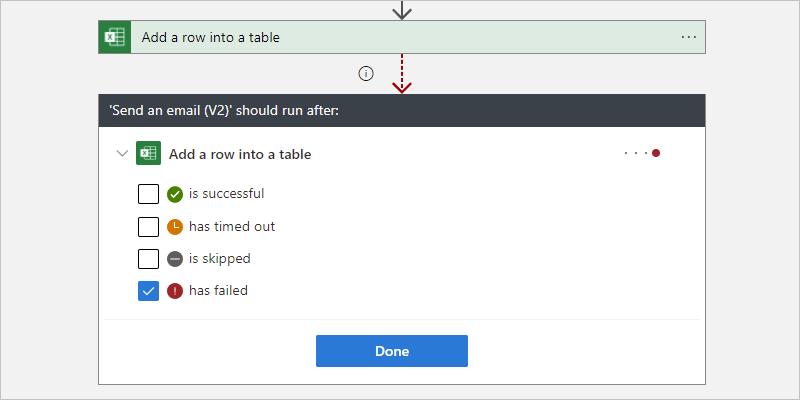 Consumption designer run-after settings with the failed predecessor status selected