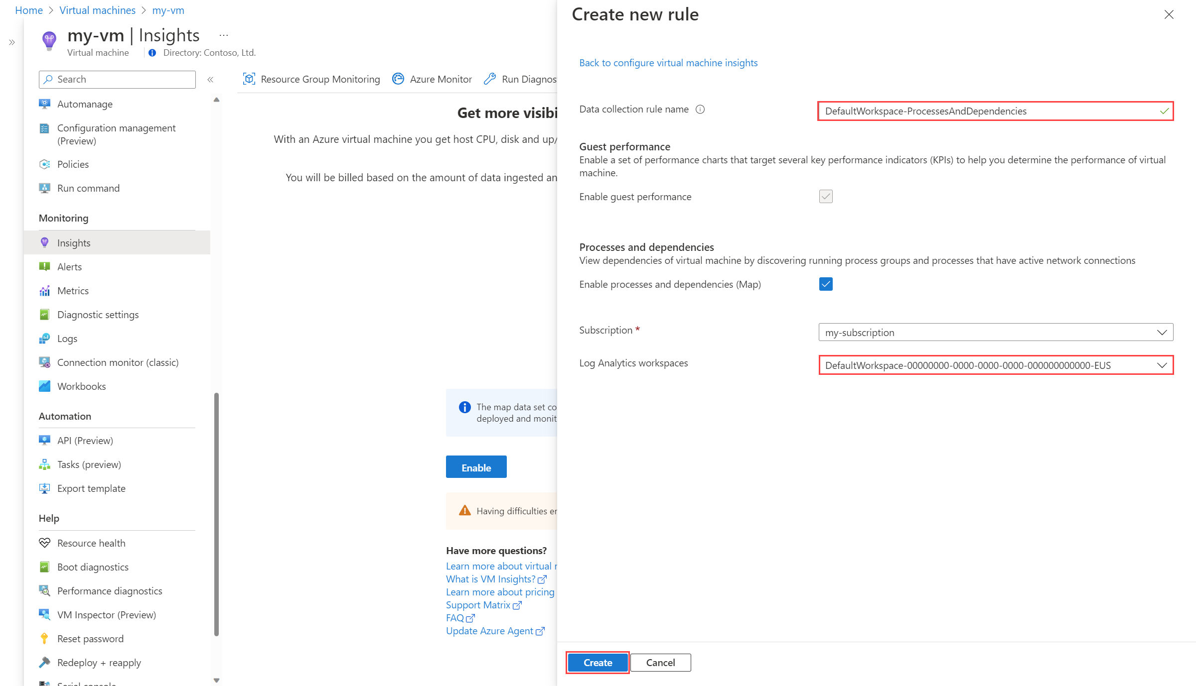 Creating a VM insights collection rule with guest performance and optional Map collection