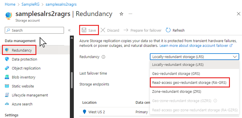 Azure portal storage account Redundancy page with replication choices