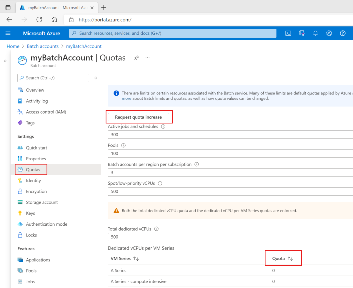 Screenshot of Batch account's quota page in the Azure portal.