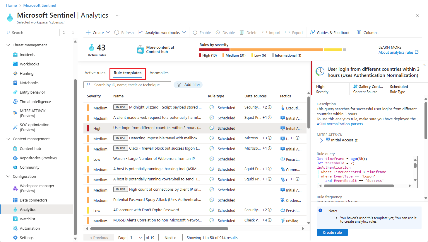 Screenshot of analytics rule templates in Microsoft Azure portal.
