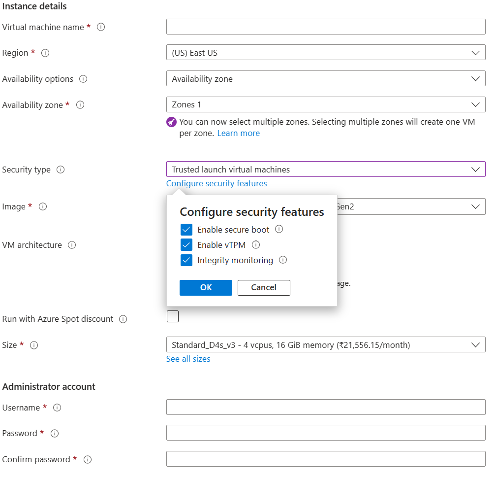 Screenshot that shows the options for trusted launch.