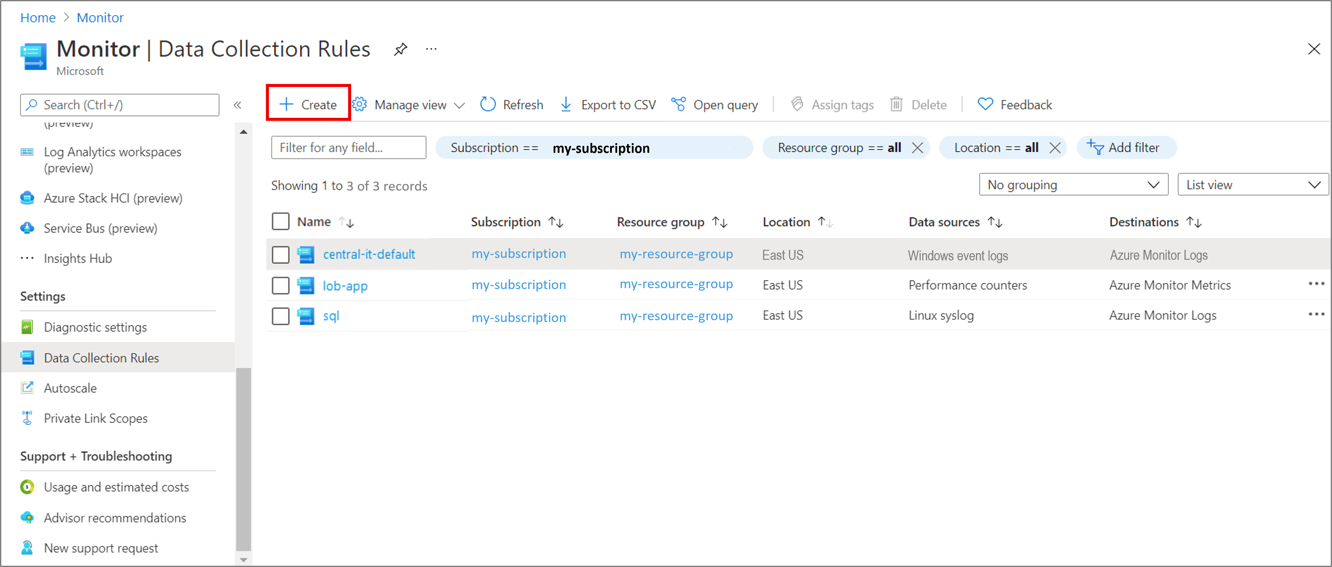 Screenshot that shows the Create button on the Data Collection Rules screen.