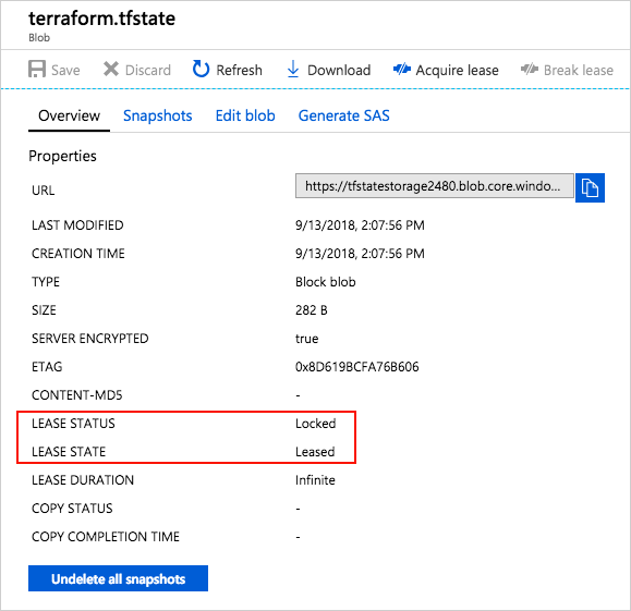 Terraform state blob properties showing Locked lease status and Leased lease state.