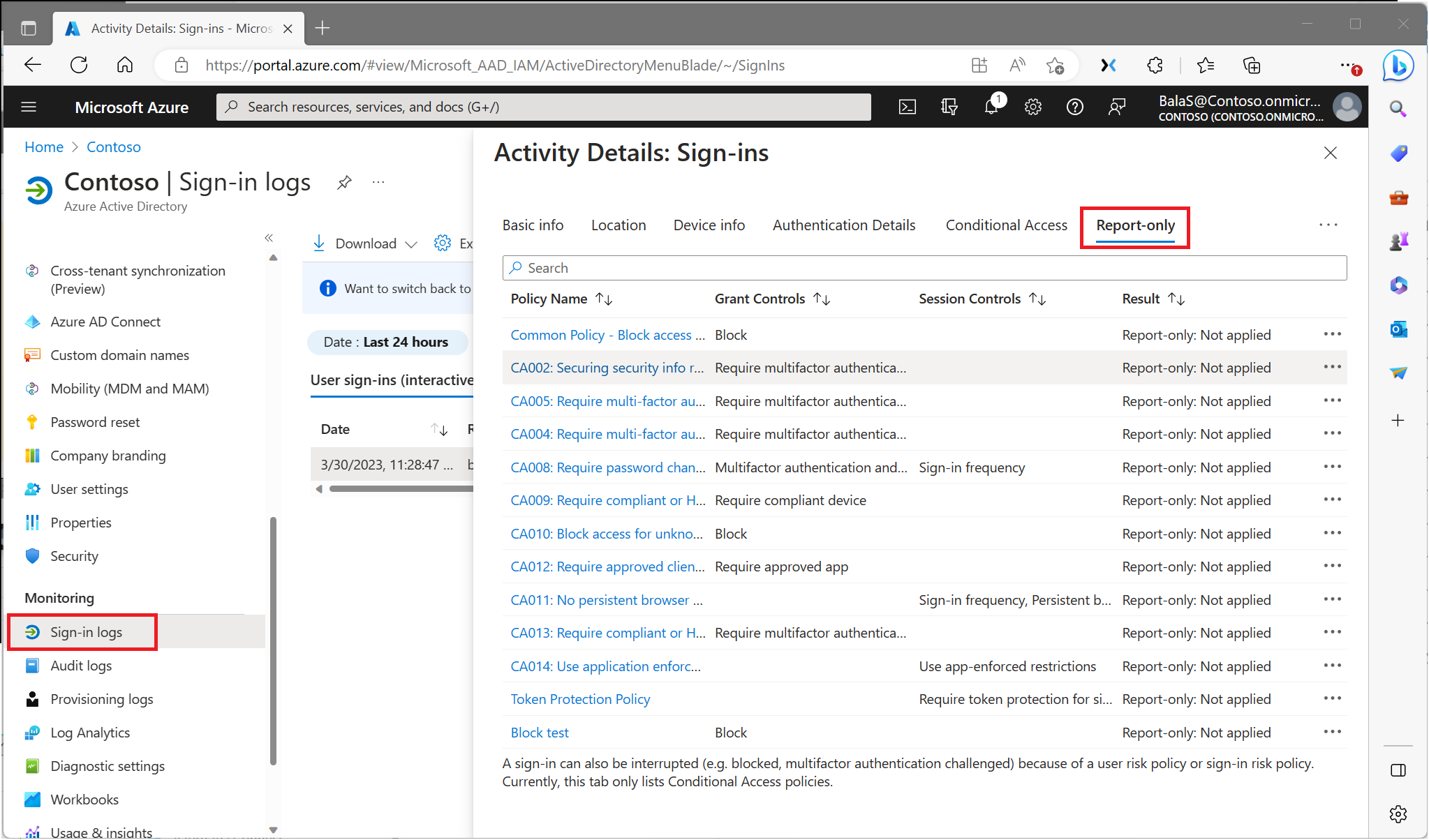 Report-only Conditional Access results within a sign-in log entry.