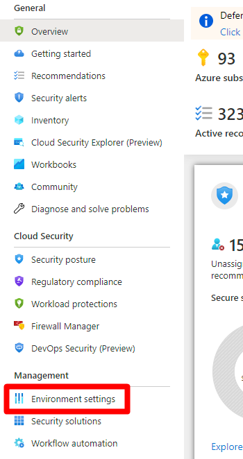 Defender for Cloud Environment settings navigation in the Azure portal.