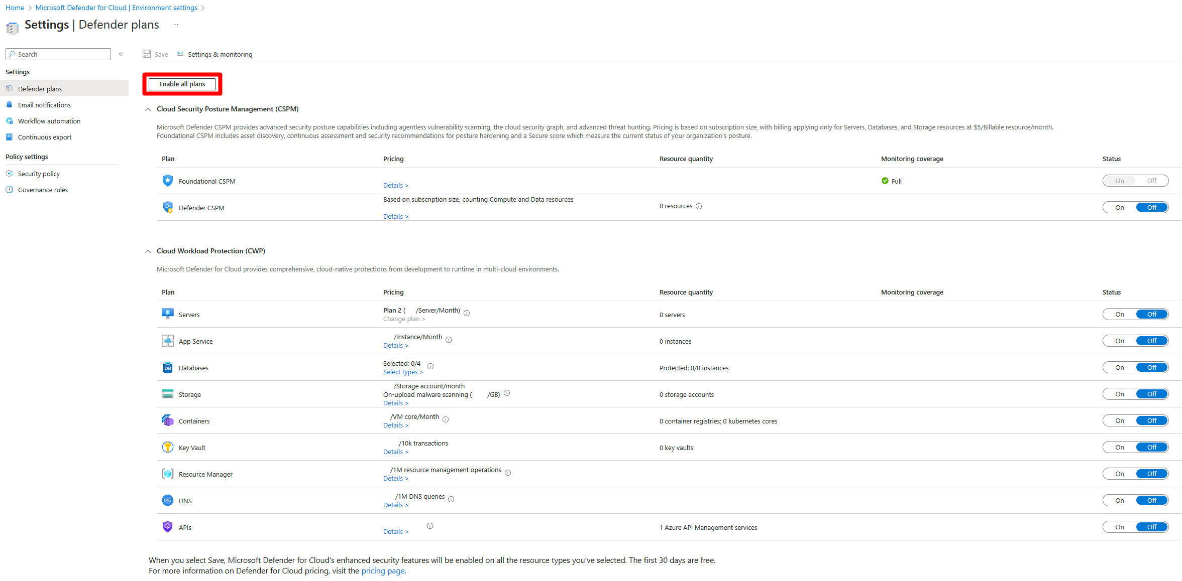 Defender for Cloud plans page showing the Enable all control and individual plan settings.