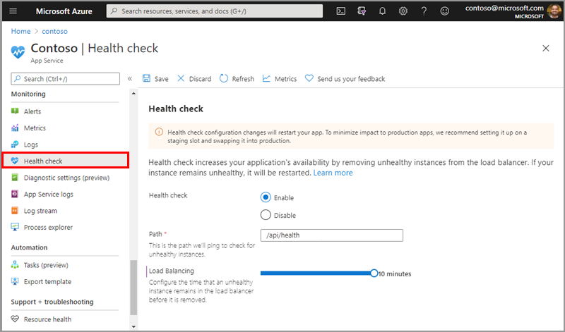 Screenshot that shows how to enable Health check in the Azure portal.