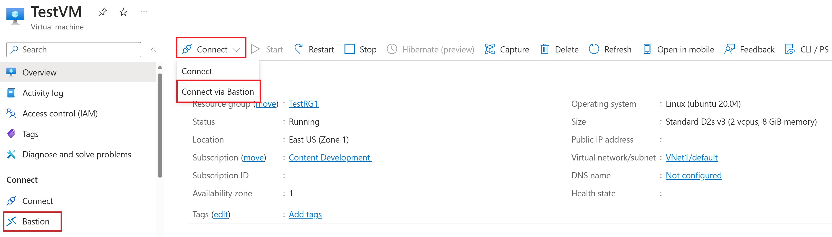 Screenshot shows the Overview page for a virtual machine.