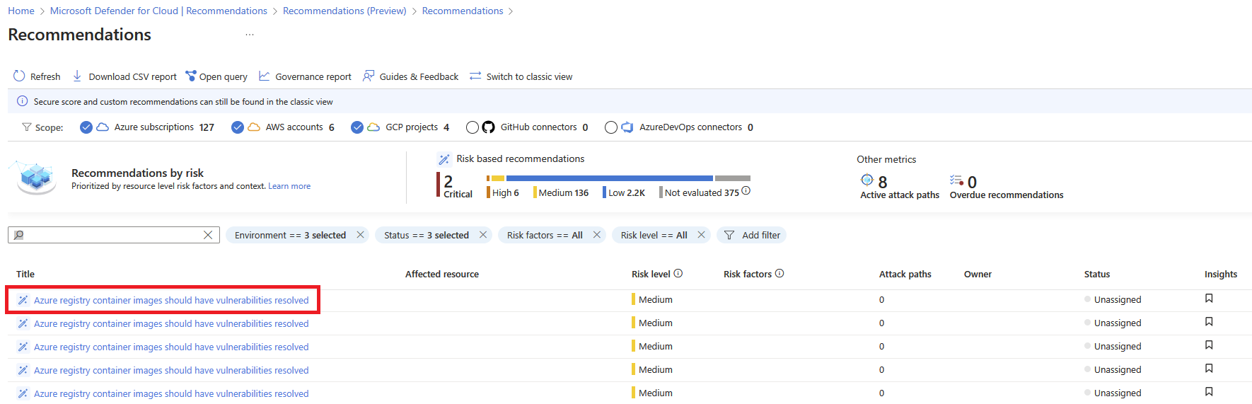 Screenshot showing the line for recommendation container registry images should have vulnerability findings resolved.
