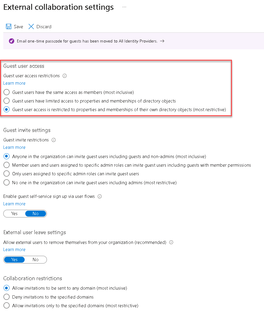 Microsoft Entra external collaboration settings page showing the restriction option.