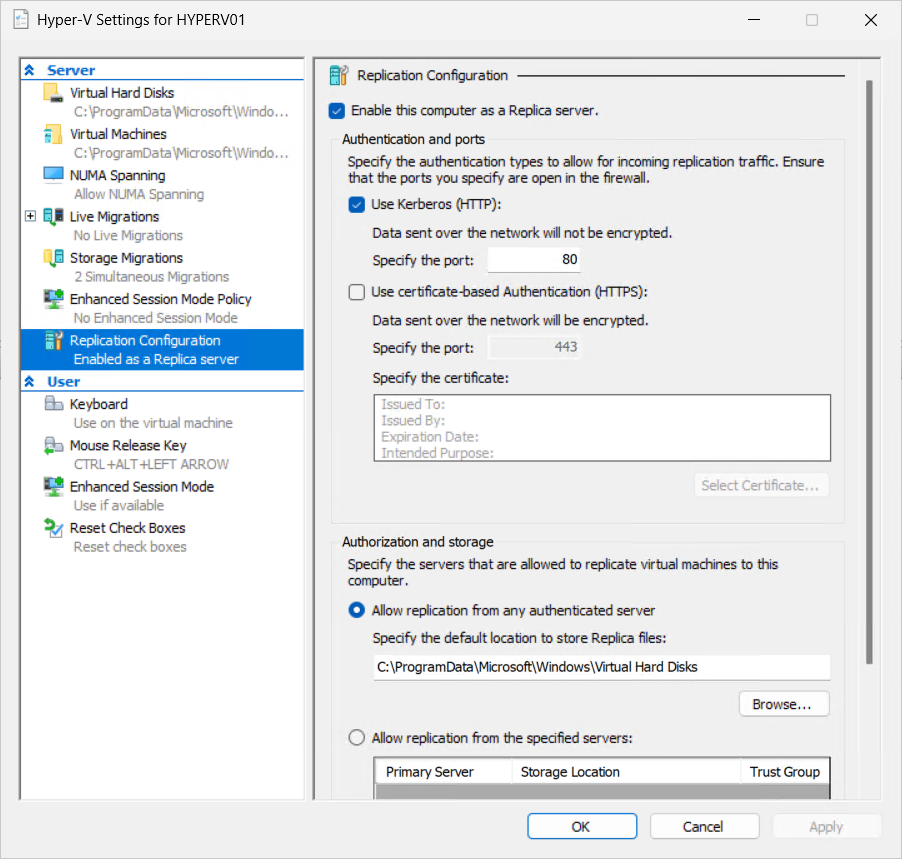 A screenshot of the Replication Configuration settings in Hyper-V Manager showing options to enable the server as a Replica and configure authentication and authorization.