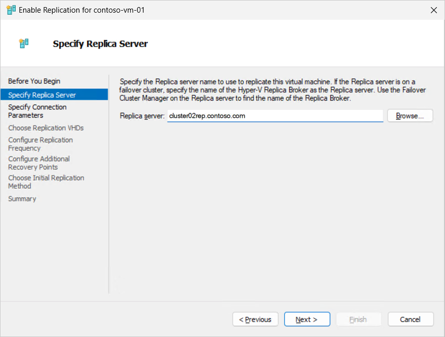 A screenshot of the Enable Replication wizard showing the Specify Replica Server page with the Replica Server name field.