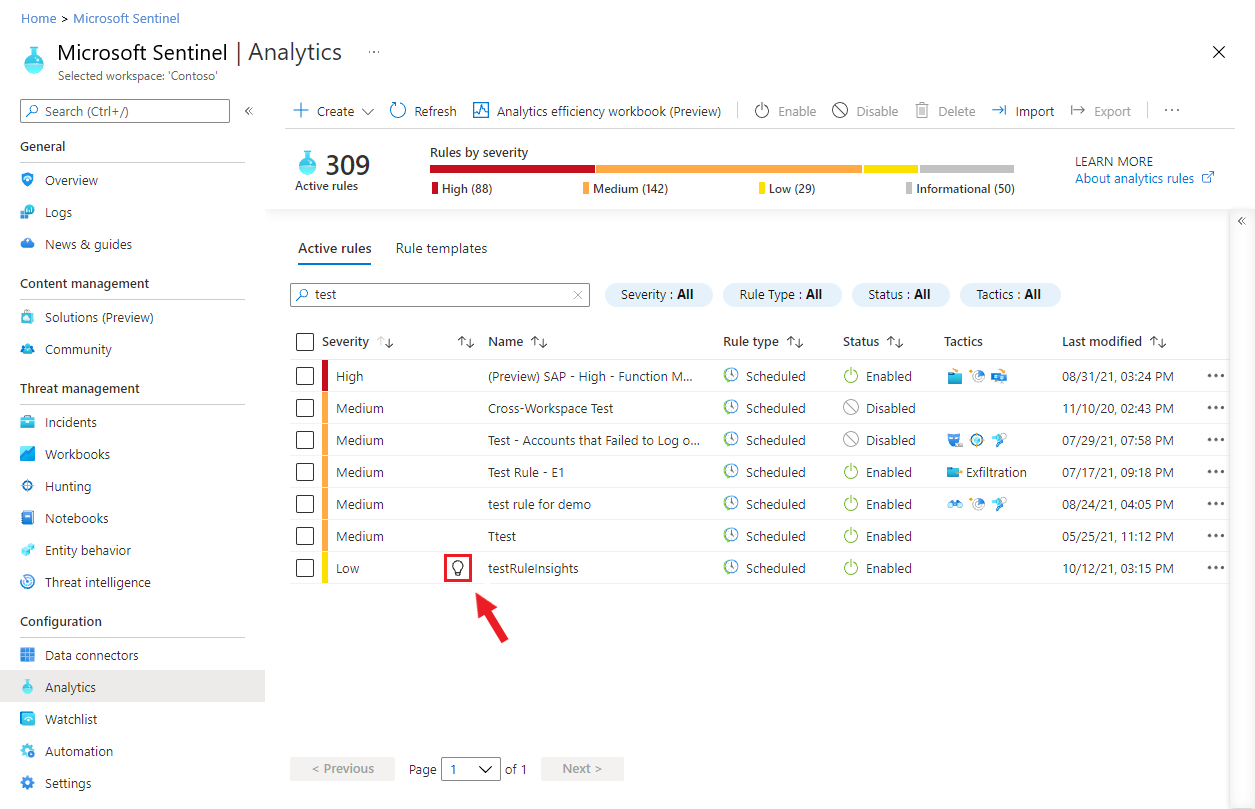 Screenshot of list of analytics rules with recommendation indicator.