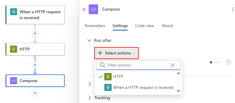 Screenshot shows list for Select actions with predecessor operations.