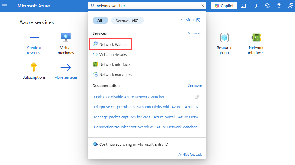 Screenshot shows how to search for Network Watcher in the Azure portal.