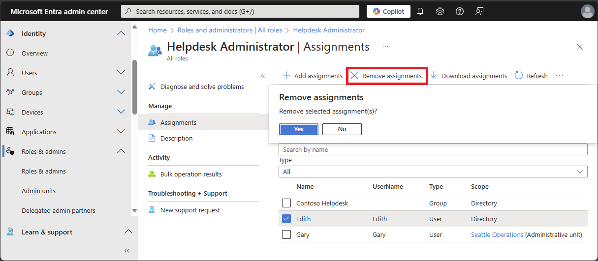 Screenshot of Assignments page to remove a role assignment.