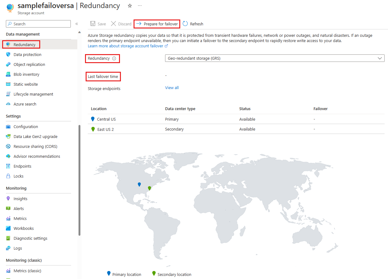 Screenshot showing redundancy and failover status in the Azure portal.
